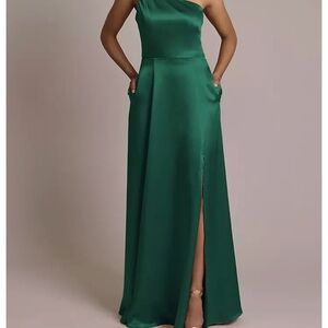 David's Bridal One-Shoulder Green Gown with pockets